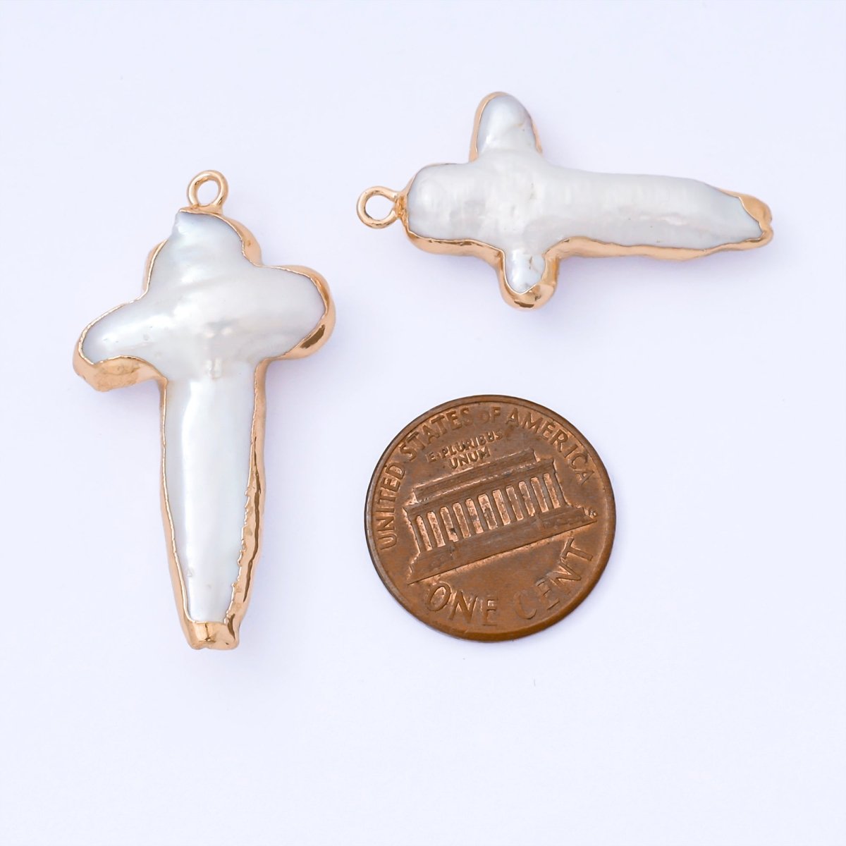 Gold Plated 31mm Baroque White Freshwater Pearl Religious Christian Cross Drop Charm | AF572