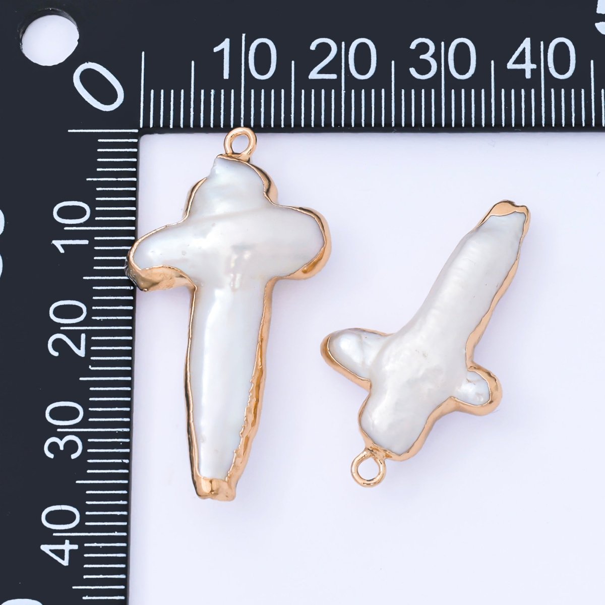 Gold Plated 31mm Baroque White Freshwater Pearl Religious Christian Cross Drop Charm | AF572