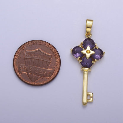 Gold Purple CZ Flower Key Pendant J-528
