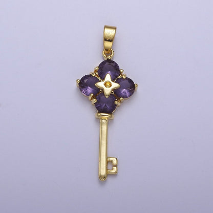Gold Purple CZ Flower Key Pendant J-528