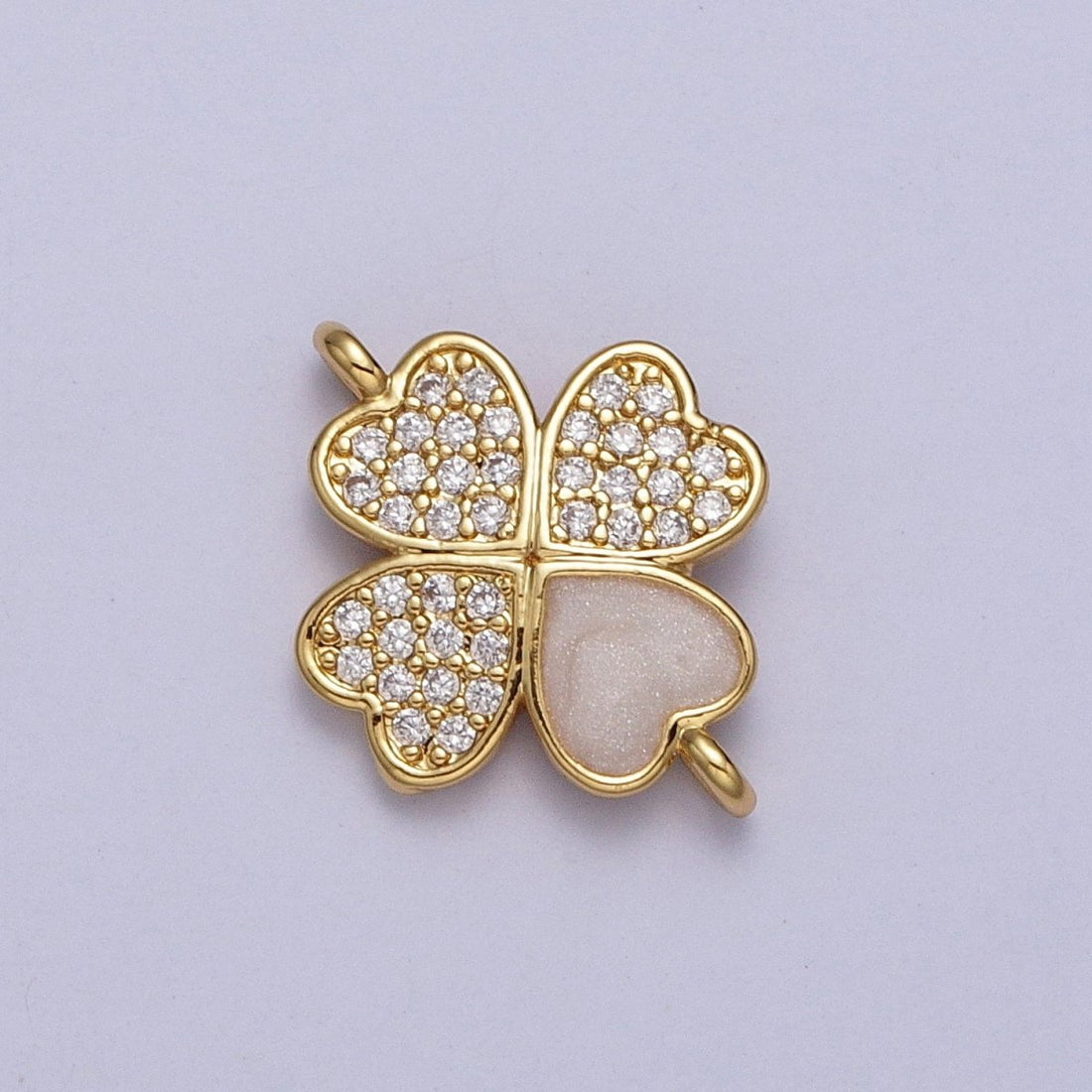 Gold Quatrefoil Clover Clear Micro Paved CZ White Enamel Connector | Y-665