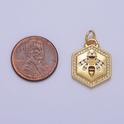 Gold Queen Bumble Bee Insect Micro Paved CZ Hexagonal Charm | AC378