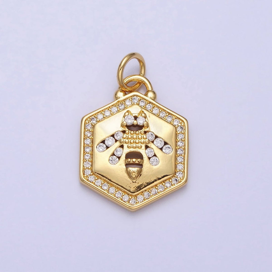 Gold Queen Bumble Bee Insect Micro Paved CZ Hexagonal Charm | AC378