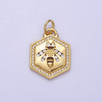 Gold Queen Bumble Bee Insect Micro Paved CZ Hexagonal Charm | AC378