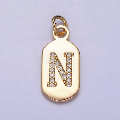 Gold Rectangular tag CZ Clear Micro Paved Personalized Initial Alphabet Name Tag Charm | A-070-A-082