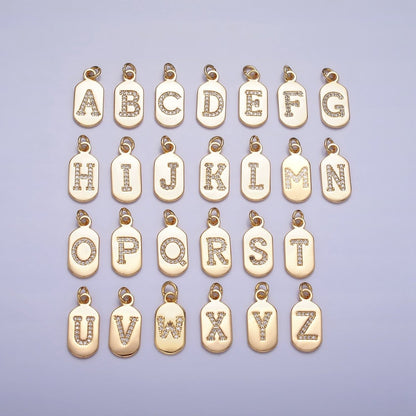 Gold Rectangular tag CZ Clear Micro Paved Personalized Initial Alphabet Name Tag Charm | A-070-A-082
