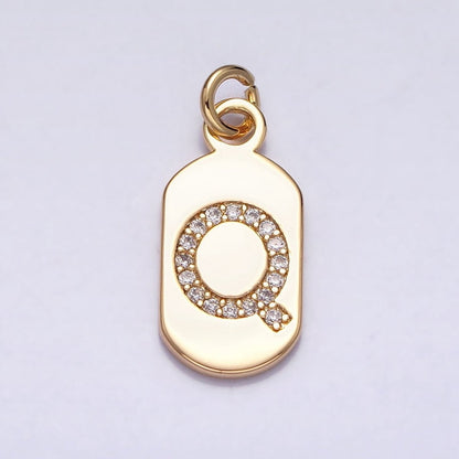 Gold Rectangular tag CZ Clear Micro Paved Personalized Initial Alphabet Name Tag Charm | A-070-A-082