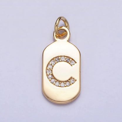 Gold Rectangular tag CZ Clear Micro Paved Personalized Initial Alphabet Name Tag Charm | A-070-A-082