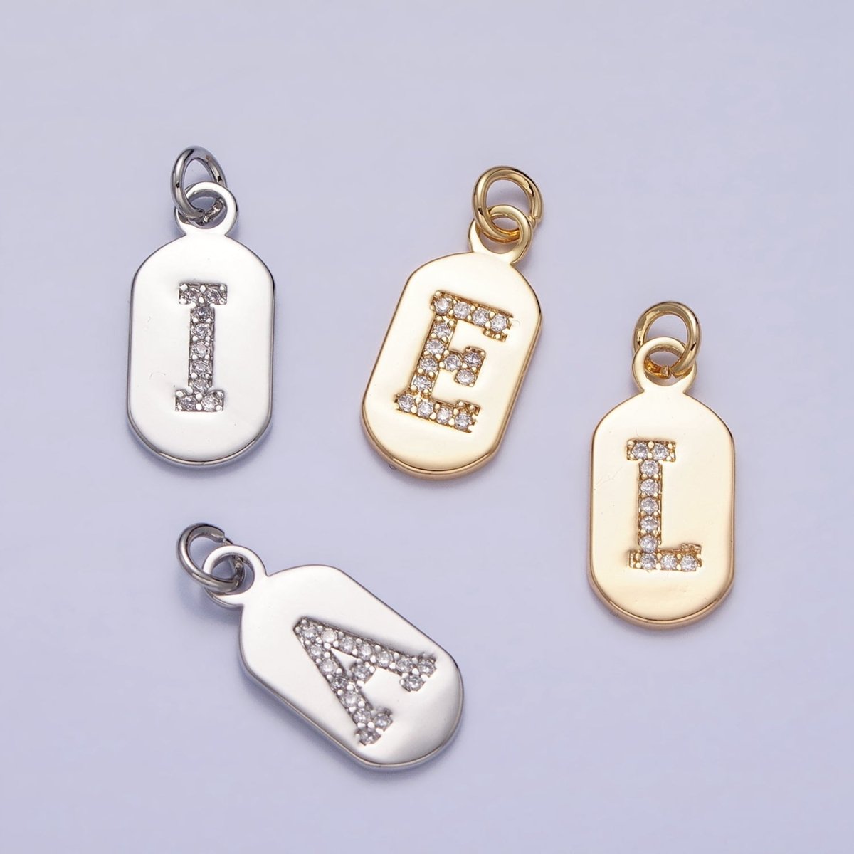 Gold Rectangular tag CZ Clear Micro Paved Personalized Initial Alphabet Name Tag Charm | A-070-A-082