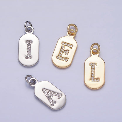 Gold Rectangular tag CZ Clear Micro Paved Personalized Initial Alphabet Name Tag Charm | A-070-A-082