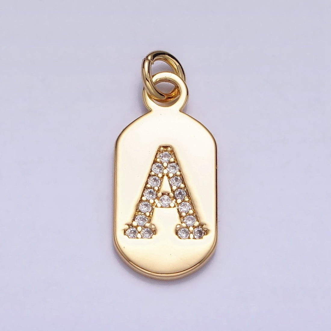 Gold Rectangular tag CZ Clear Micro Paved Personalized Initial Alphabet Name Tag Charm | A-070-A-082
