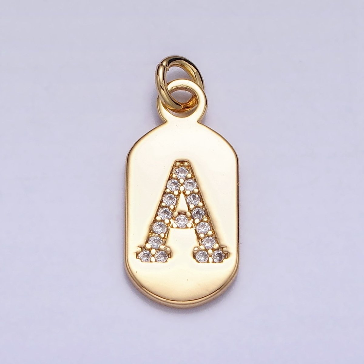 Gold Rectangular tag CZ Clear Micro Paved Personalized Initial Alphabet Name Tag Charm | A-070-A-082