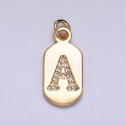 Gold Rectangular tag CZ Clear Micro Paved Personalized Initial Alphabet Name Tag Charm | A-070-A-082