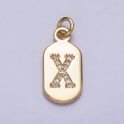 Gold Rectangular tag CZ Clear Micro Paved Personalized Initial Alphabet Name Tag Charm | A-070-A-082
