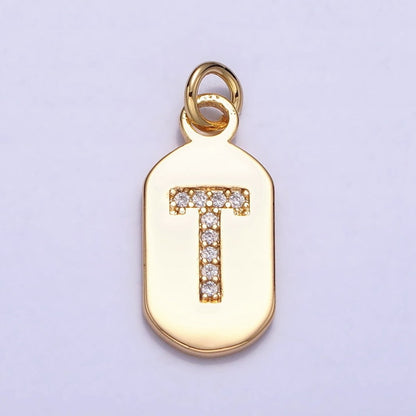 Gold Rectangular tag CZ Clear Micro Paved Personalized Initial Alphabet Name Tag Charm | A-070-A-082