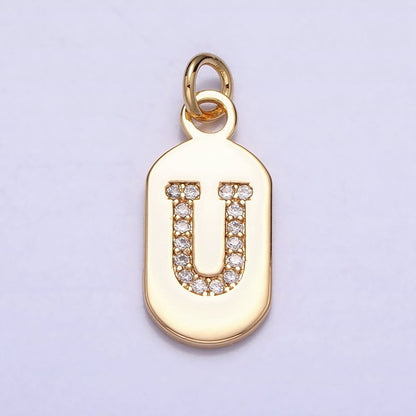 Gold Rectangular tag CZ Clear Micro Paved Personalized Initial Alphabet Name Tag Charm | A-070-A-082