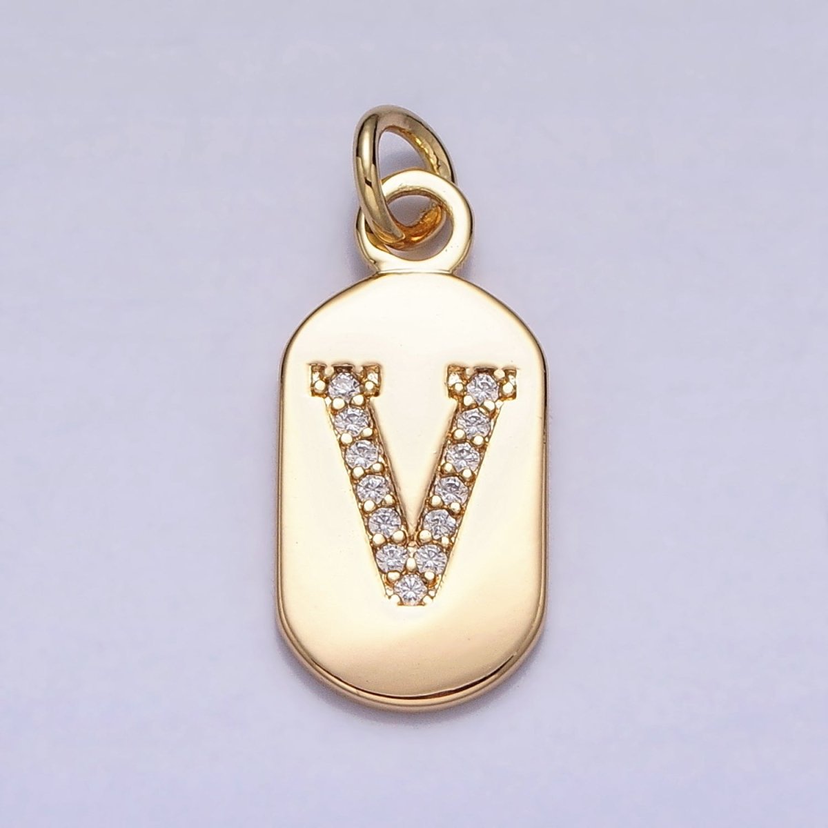 Gold Rectangular tag CZ Clear Micro Paved Personalized Initial Alphabet Name Tag Charm | A-070-A-082