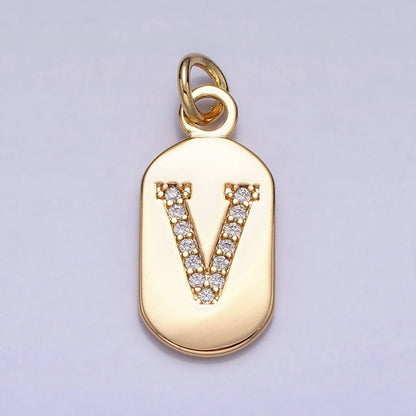 Gold Rectangular tag CZ Clear Micro Paved Personalized Initial Alphabet Name Tag Charm | A-070-A-082