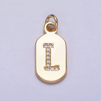Gold Rectangular tag CZ Clear Micro Paved Personalized Initial Alphabet Name Tag Charm | A-070-A-082