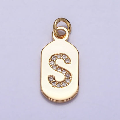 Gold Rectangular tag CZ Clear Micro Paved Personalized Initial Alphabet Name Tag Charm | A-070-A-082