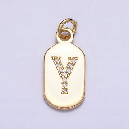 Gold Rectangular tag CZ Clear Micro Paved Personalized Initial Alphabet Name Tag Charm | A-070-A-082