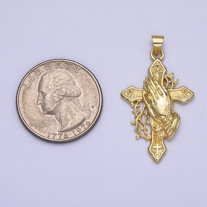 Gold Religious Passion Cross Praying Hands Vines Pendant | AA158