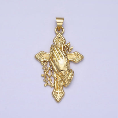 Gold Religious Passion Cross Praying Hands Vines Pendant | AA158