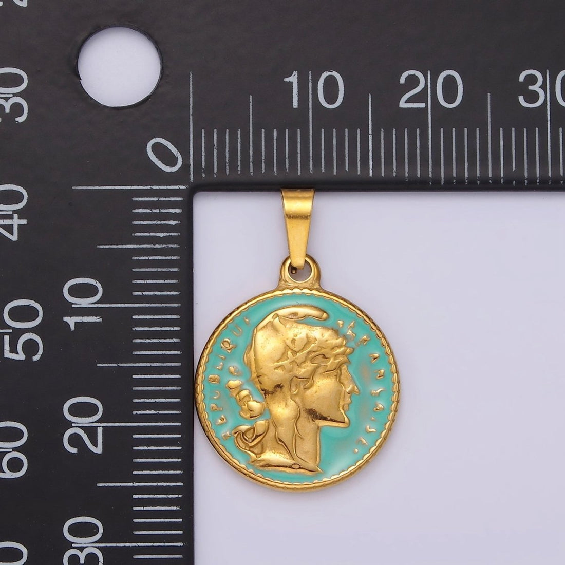 Gold Republic of Roman Coin Charm Pendant Stainless Steel Teal Enamel Pendant P-835