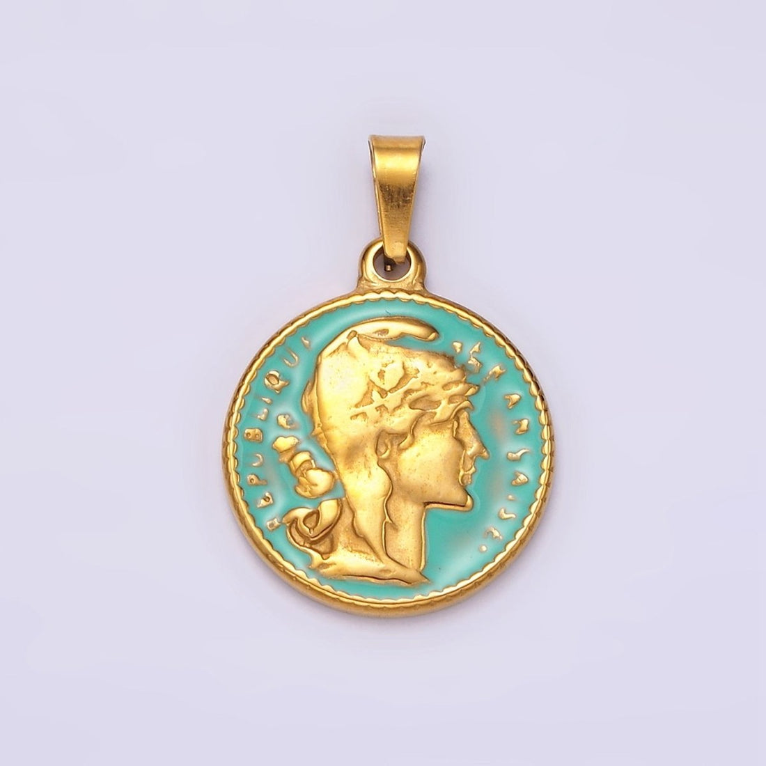 Gold Republic of Roman Coin Charm Pendant Stainless Steel Teal Enamel Pendant P-835