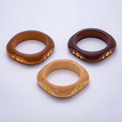 Gold Rhombus Round Dotted Studded Wood Square Bangle Bracelet | WA-04323 ~ WA-04325