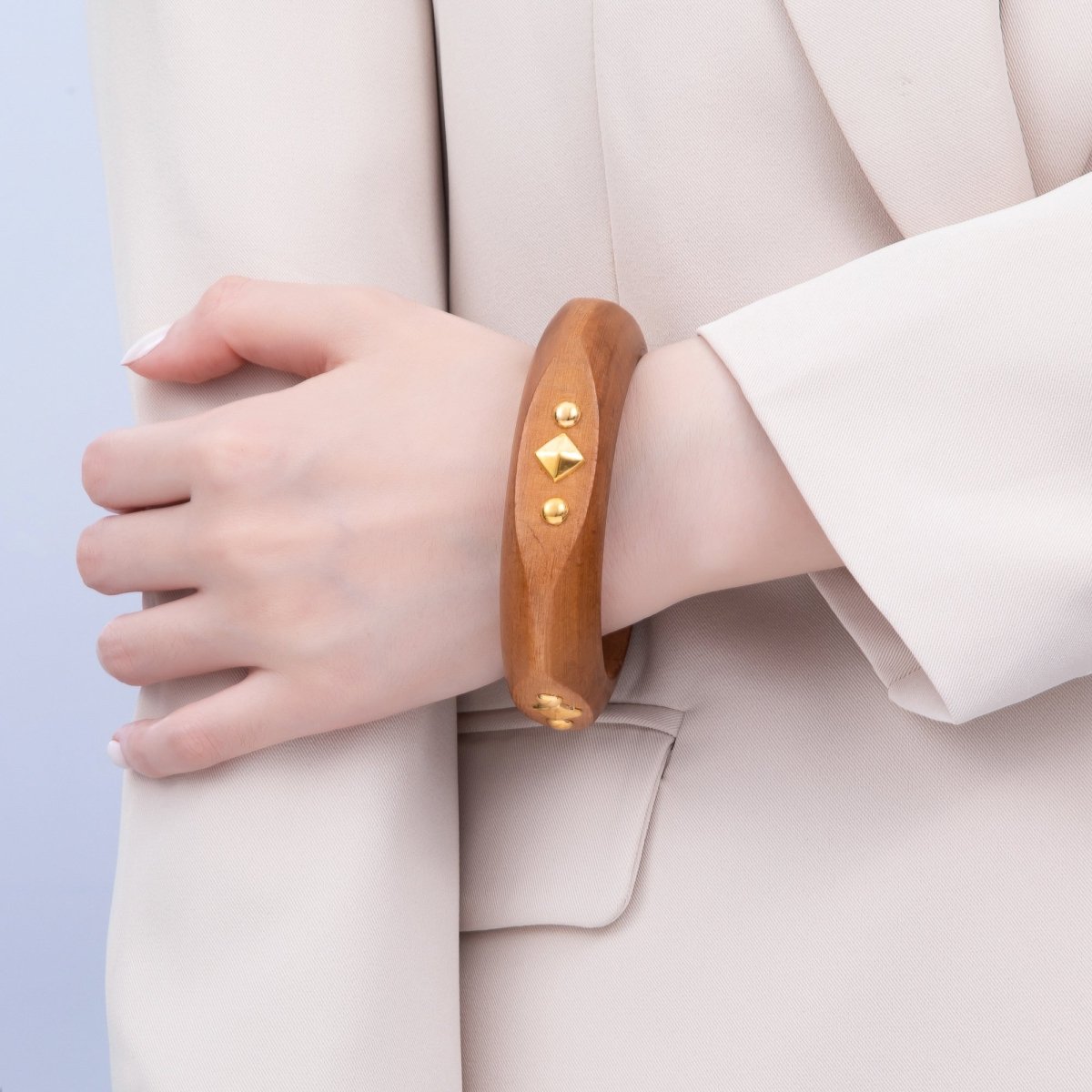 Gold Rhombus Round Dotted Studded Wood Square Bangle Bracelet | WA-04323 ~ WA-04325