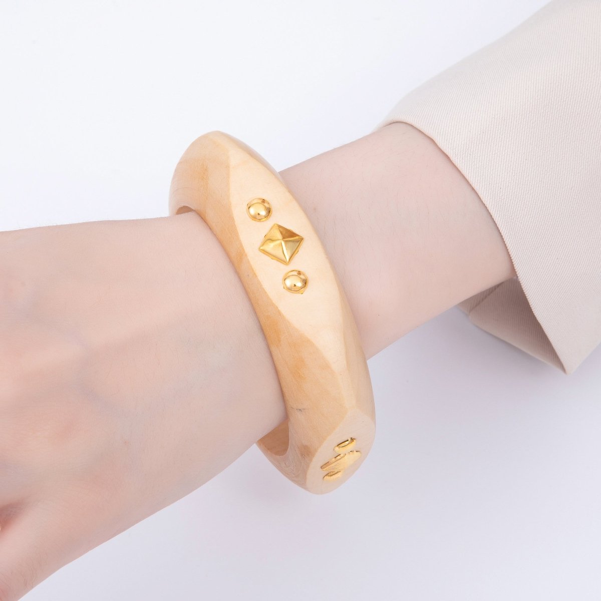 Gold Rhombus Round Dotted Studded Wood Square Bangle Bracelet | WA-04323 ~ WA-04325