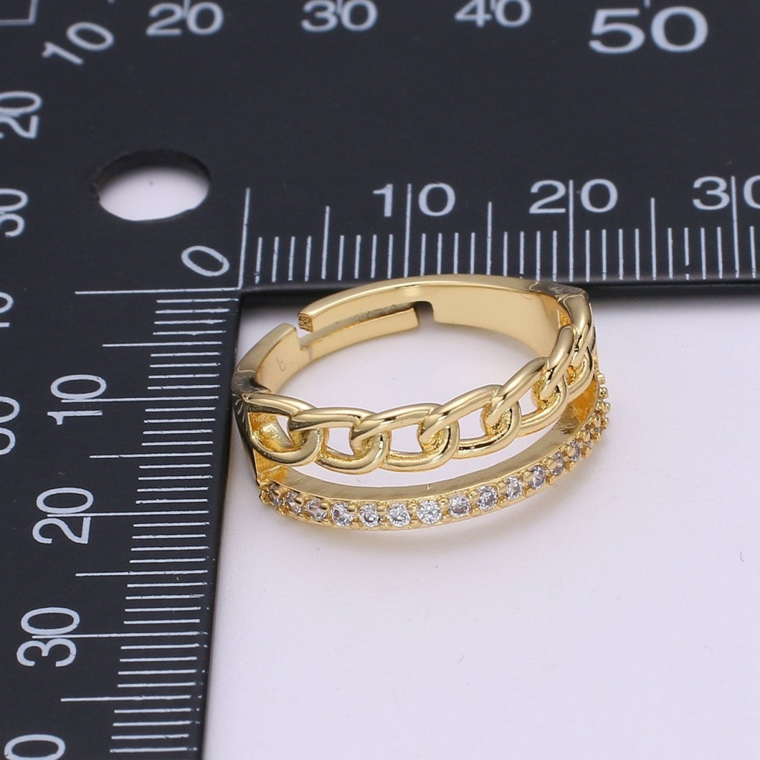 Gold Ring, Adjustable Gold Curb Ring, Micro Pave Gold Band Ring, Shiny Double Band Ring for Statement Jewelry O-286