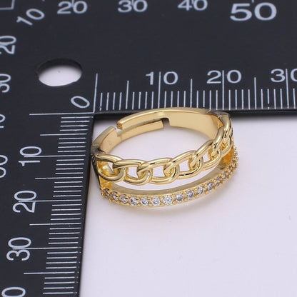 Gold Ring, Adjustable Gold Curb Ring, Micro Pave Gold Band Ring, Shiny Double Band Ring for Statement Jewelry O-286