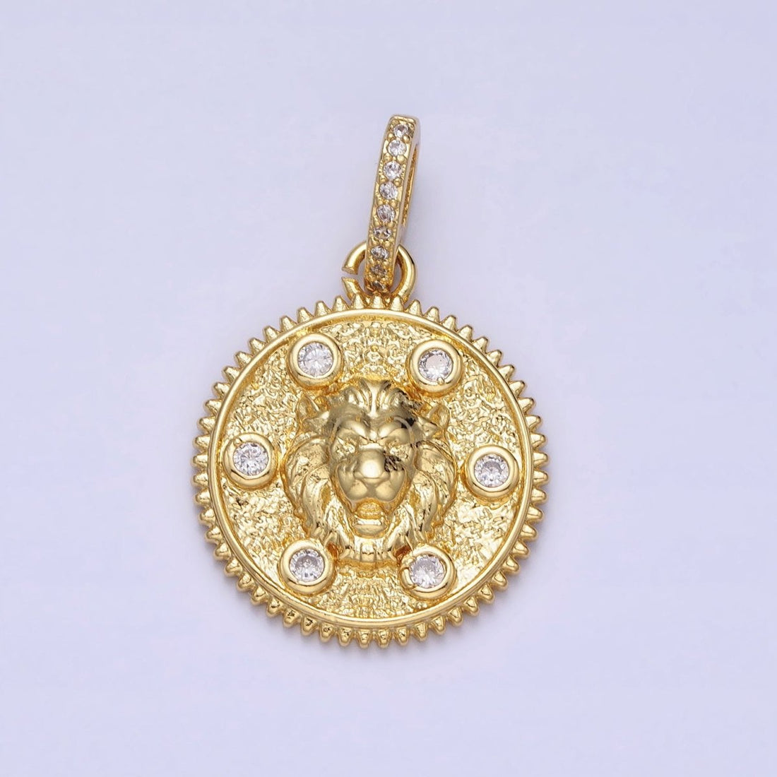 Gold Roaring Lion Clear Round CZ Micro Paved Bail Textured Animal Medallion Pendant | AA159