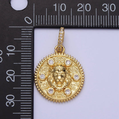 Gold Roaring Lion Clear Round CZ Micro Paved Bail Textured Animal Medallion Pendant | AA159