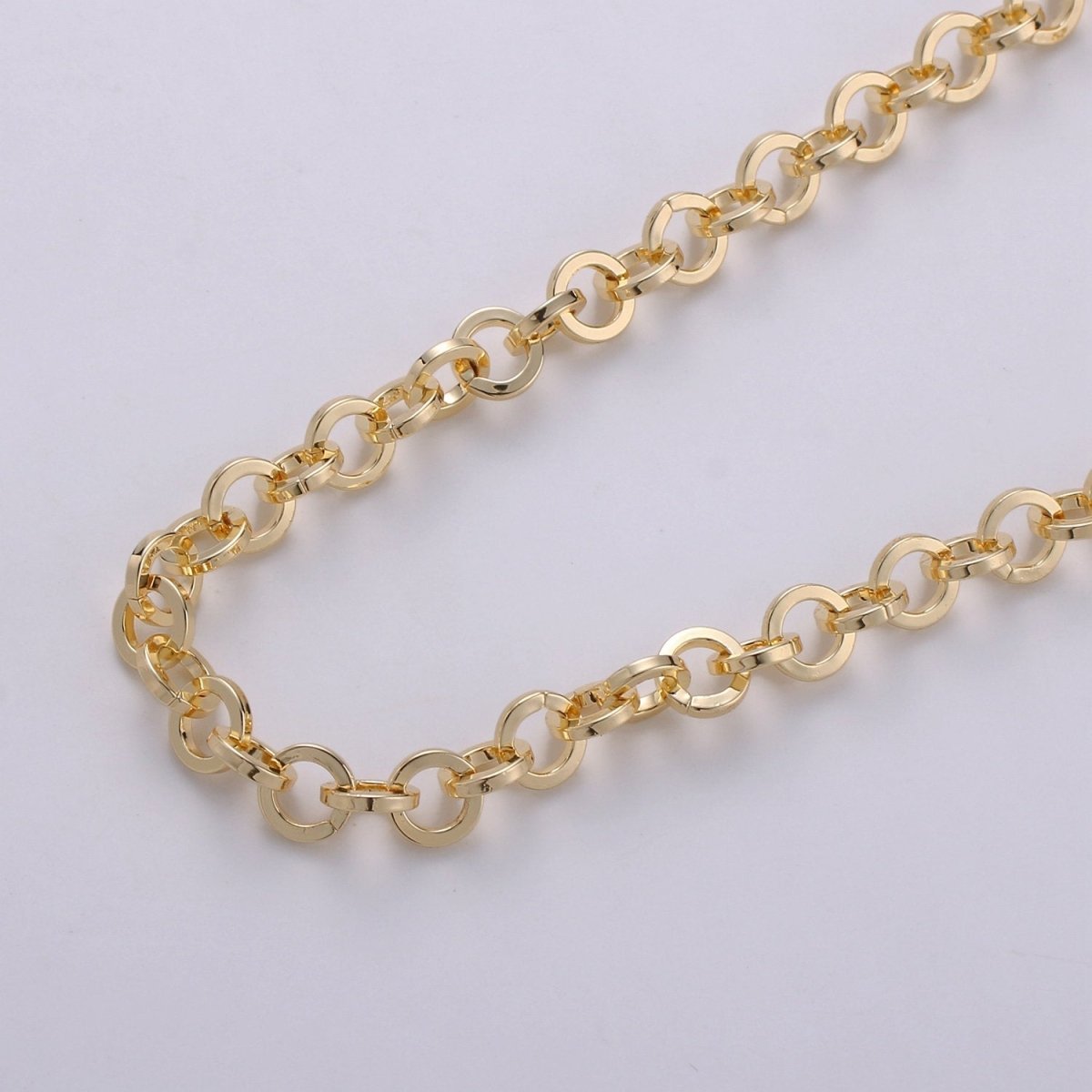 Gold Rolo Chain, 7mm Width, 16K Gold Filled Thin Flat Minimalist Jewelry, For Necklace Anklet Bracelet Supply Component | ROLL-273
