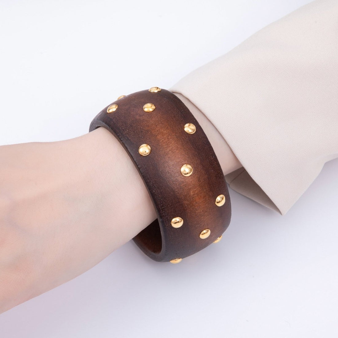 Gold Round Dotted Studded Brown Wood Wide Bangle Bracelet | WA-04296