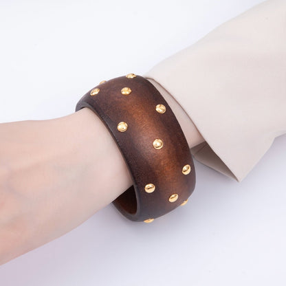 Gold Round Dotted Studded Brown Wood Wide Bangle Bracelet | WA-04296