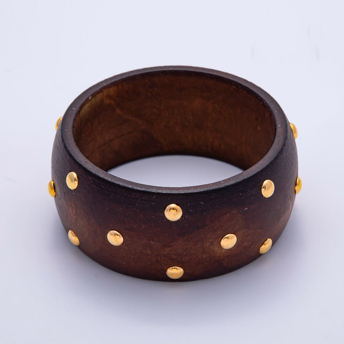 Gold Round Dotted Studded Brown Wood Wide Bangle Bracelet | WA-04296