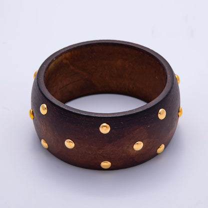 Gold Round Dotted Studded Brown Wood Wide Bangle Bracelet | WA-04296