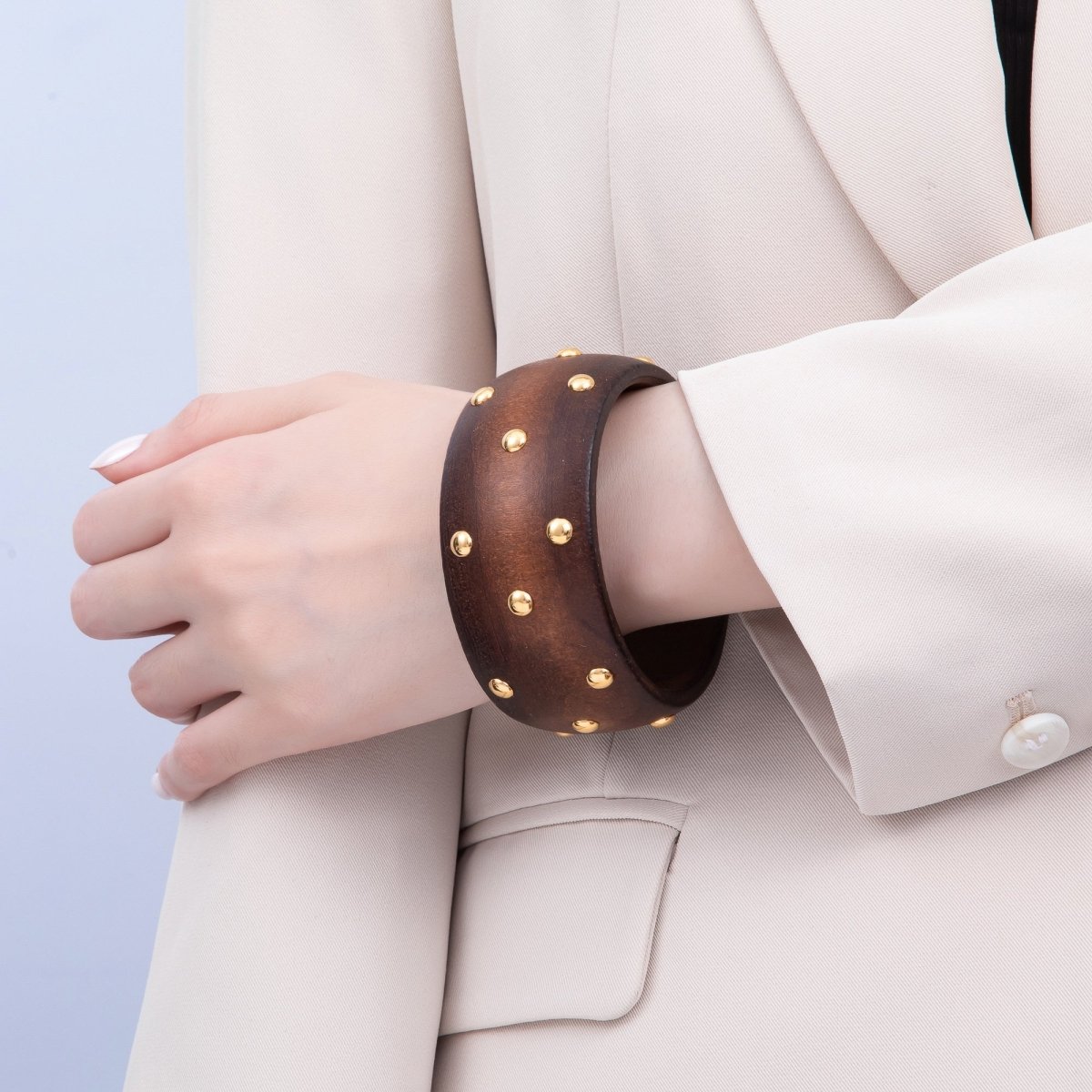 Gold Round Dotted Studded Brown Wood Wide Bangle Bracelet | WA-04296
