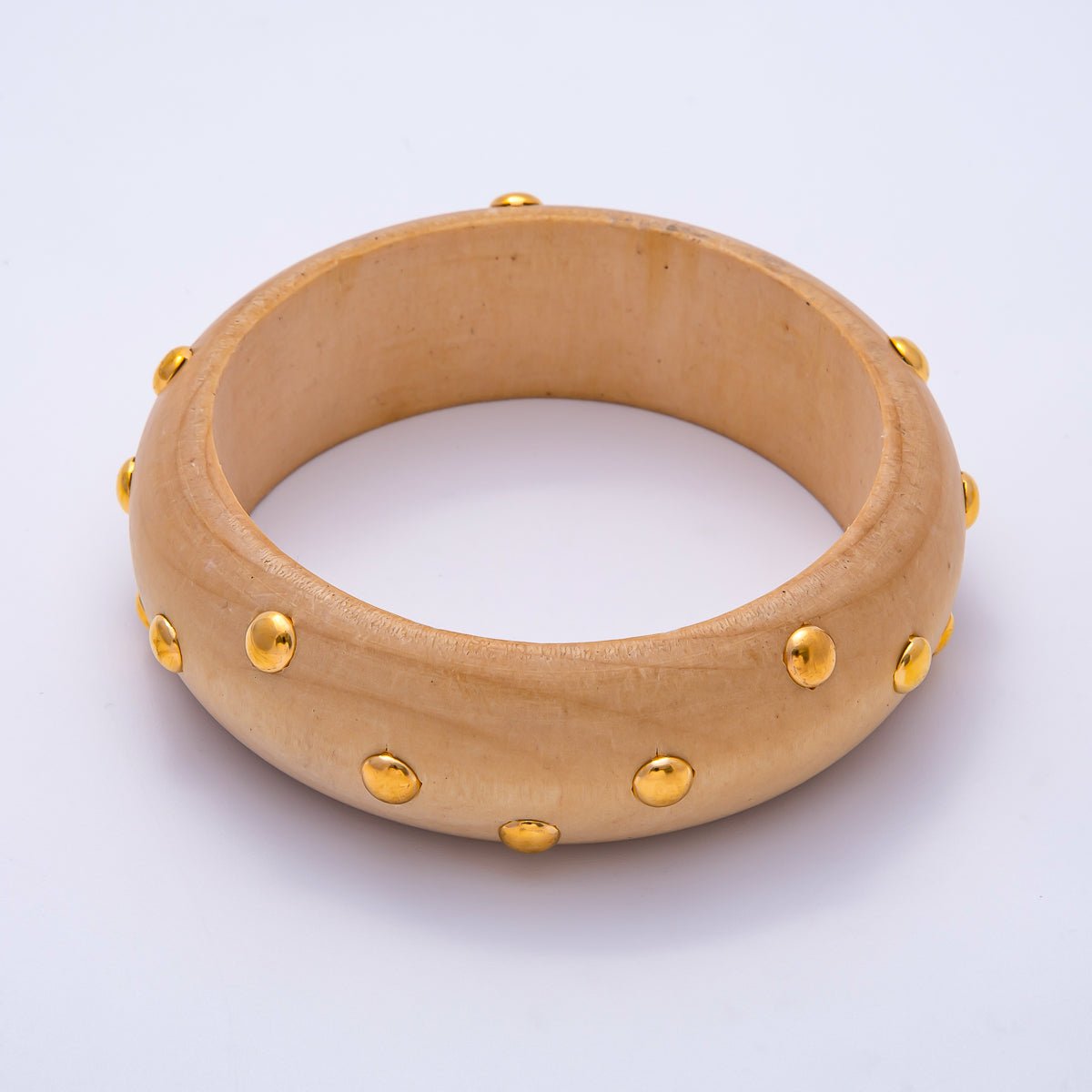 Gold Round Dotted Studded Light Brown Wood Bangle Bracelet | WA-04328