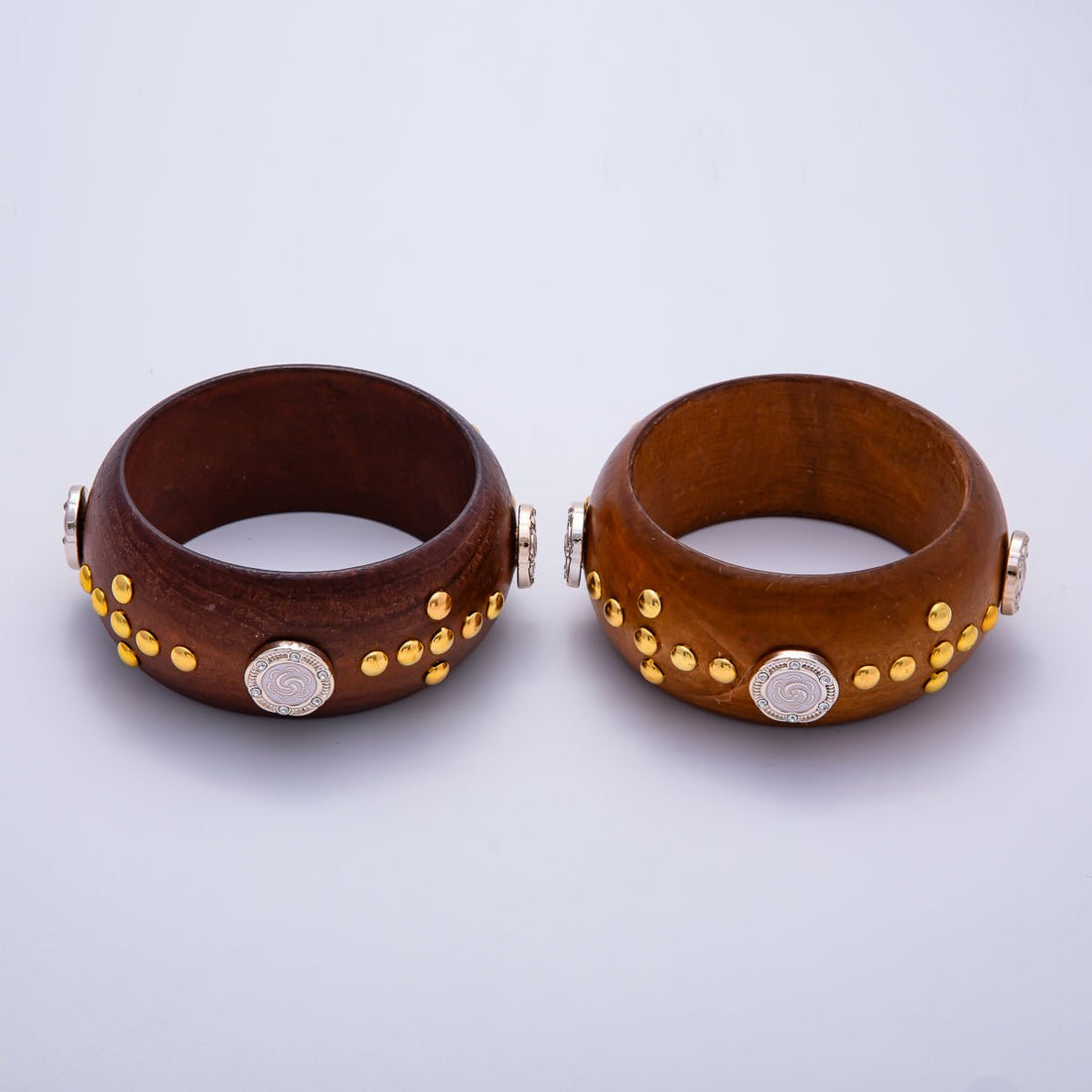 Gold Round Dotted Studded Rose Flower Cross Wood Bangle Bracelet | WA-04326 WA-04327