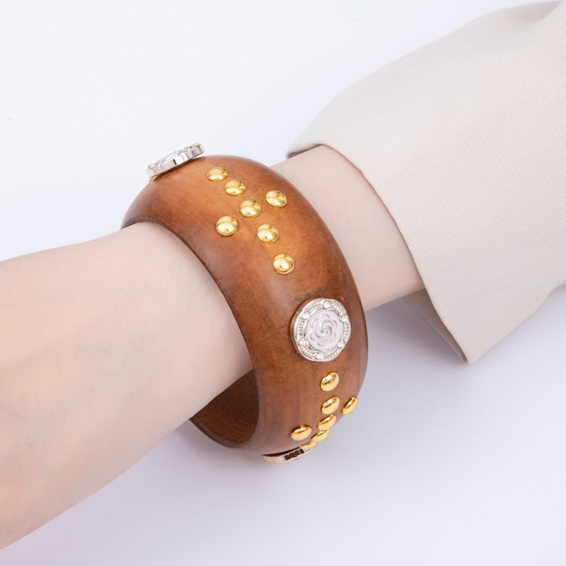 Gold Round Dotted Studded Rose Flower Cross Wood Bangle Bracelet | WA-04326 WA-04327