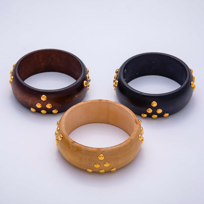 Gold Round Dotted Studded Triangle Wood Bangle Bracelet | WA-04320 ~ WA-04322