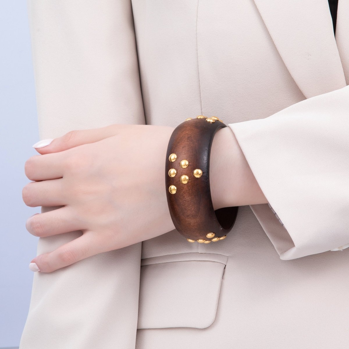 Gold Round Dotted Studded Triangle Wood Bangle Bracelet | WA-04320 ~ WA-04322