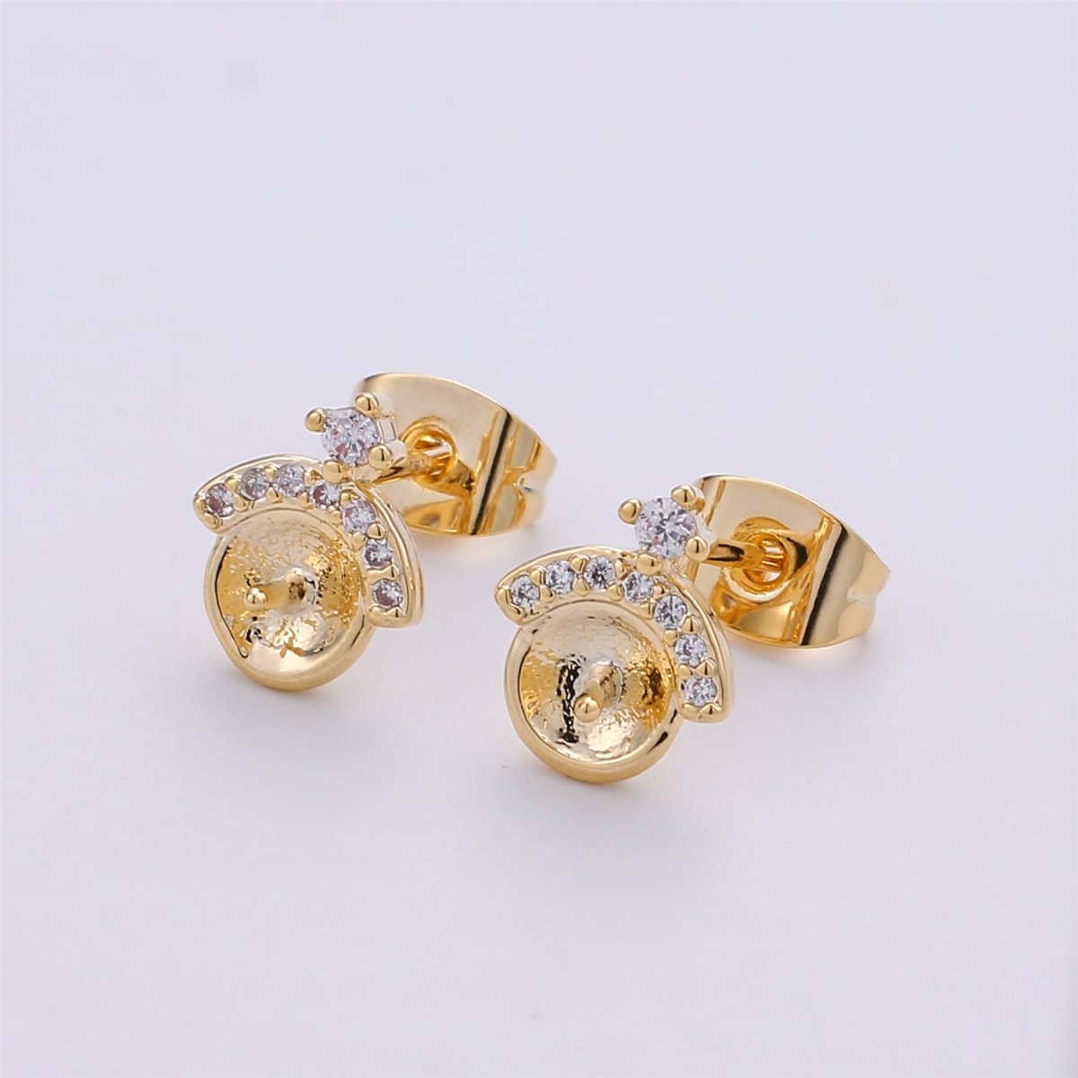 Gold Round Studs with Beads DIY Pearl Earring Settings, Half Drilled Pearl Earring Hook Mountings K-417