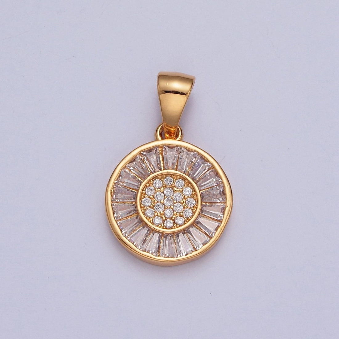Gold Round Sunflower Sun Baguette CZ Pendant For Necklace Making X-377