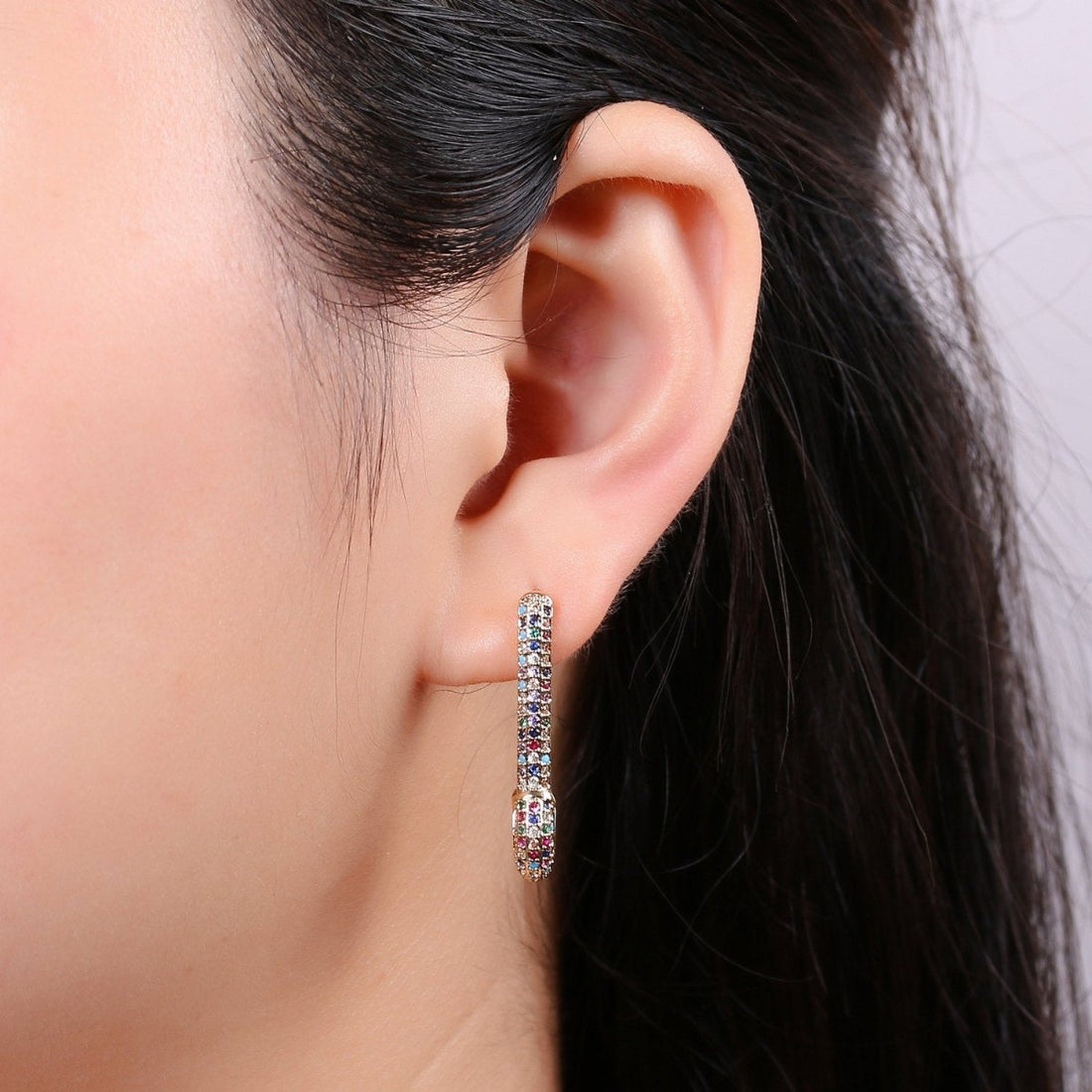 Gold Safety pin earrings- sparkly safety pins/ needle earrings/ Micro pave safety pin drop earrings Rainbow Colorful Safety Pin Earring, K-446